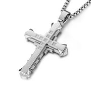 Religion Men's Large Byzantium Stainless Steel Cubic Zirconia Cross Necklace Pendant 22 + 2 Inch Chain (Silver)